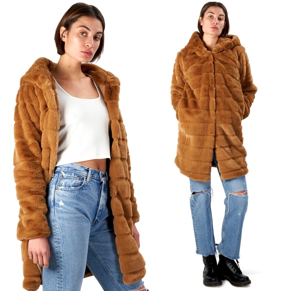 Anthropologie Apparis XS Faux Fur Celina Jacket $360 Hooded Long Mink Coat Camel